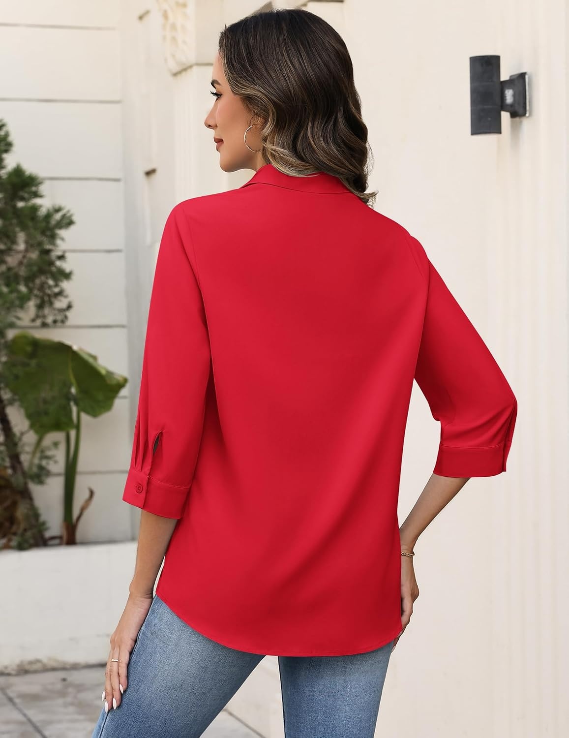 image:imageZeagoo Button Down Shirts for Women 34 Sleeve Tops V Neck Collared Blouses Business Casual OutfitsRed