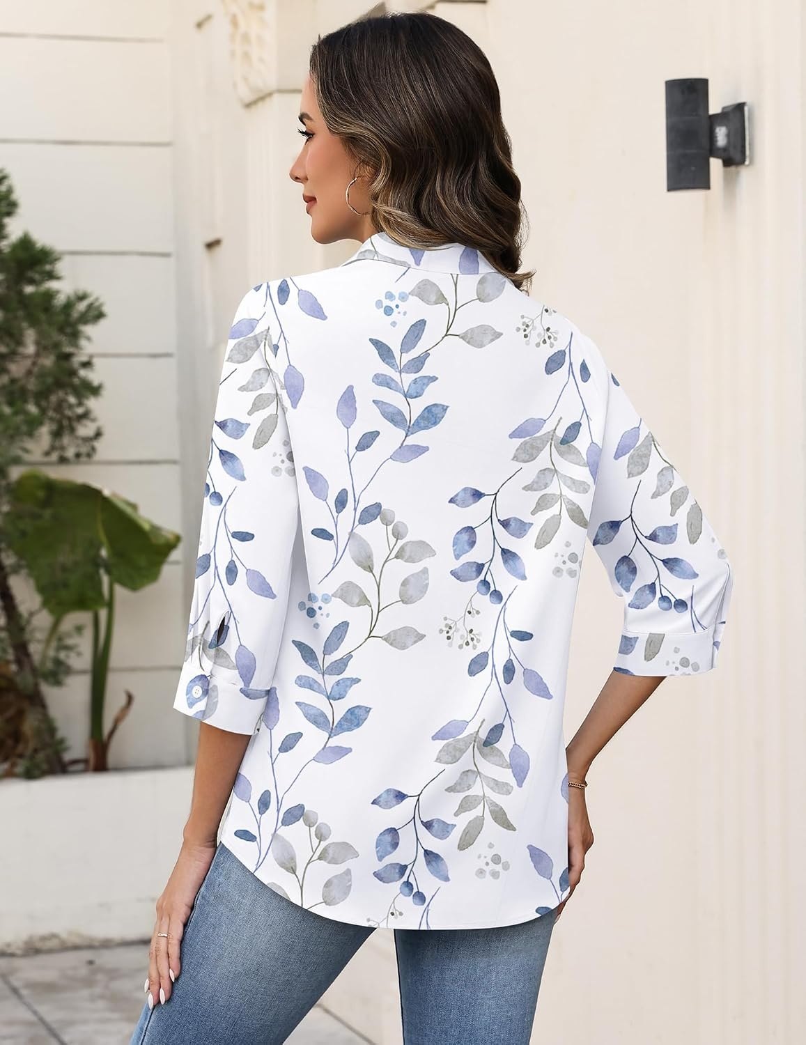 image:imageZeagoo Button Down Shirts for Women 34 Sleeve Tops V Neck Collared Blouses Business Casual OutfitsSp106