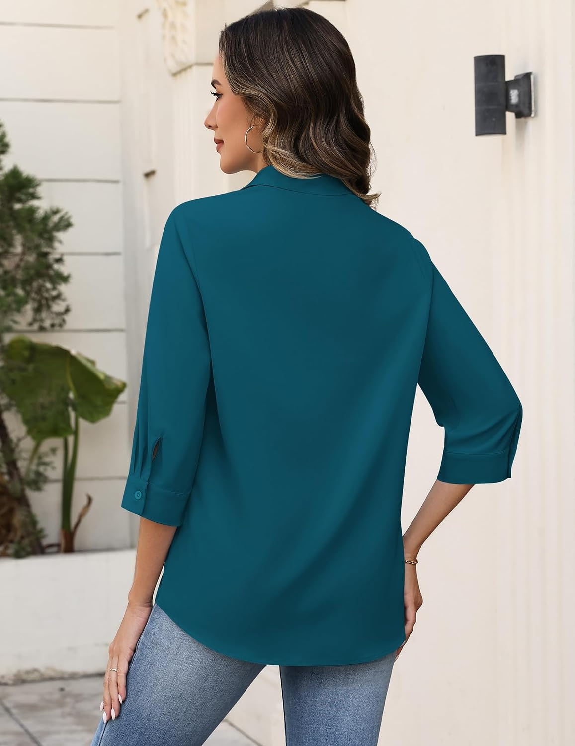 image:imageZeagoo Button Down Shirts for Women 34 Sleeve Tops V Neck Collared Blouses Business Casual OutfitsTeal Blue