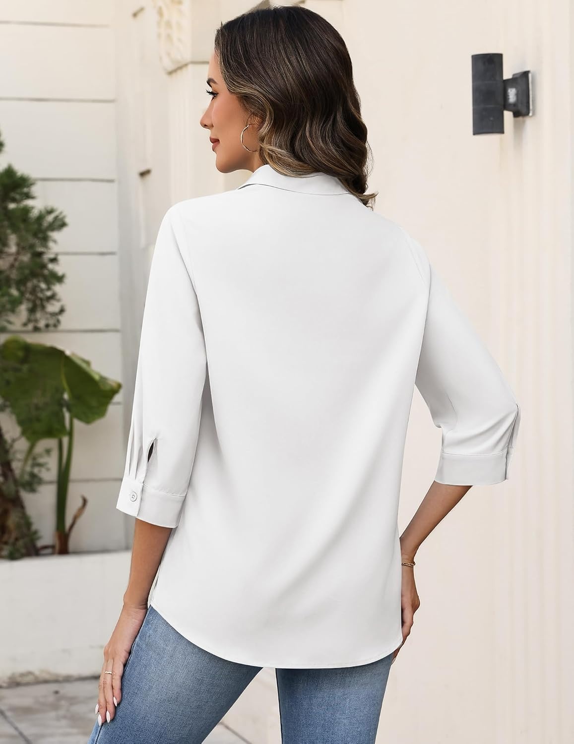 image:imageZeagoo Button Down Shirts for Women 34 Sleeve Tops V Neck Collared Blouses Business Casual OutfitsWhite