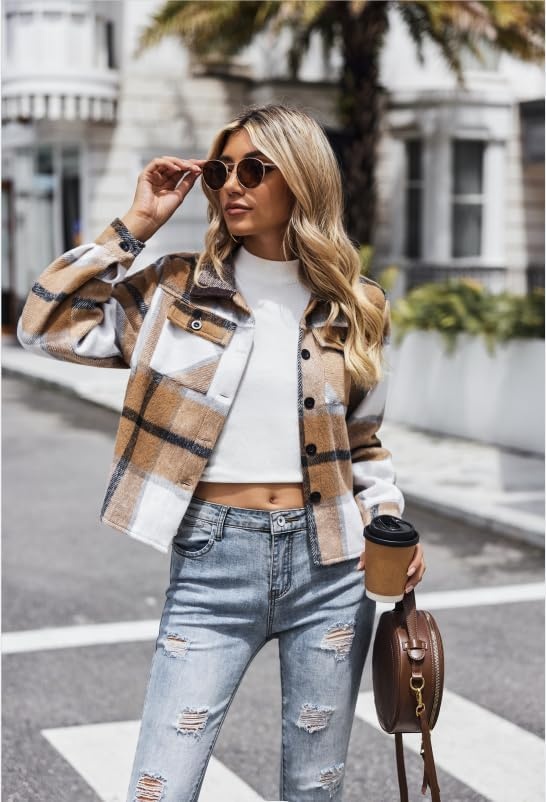 image:imageZeagoo Flannels for Women Cropped Shacket Jacket Fashion Plaid Fall CoatYdl1
