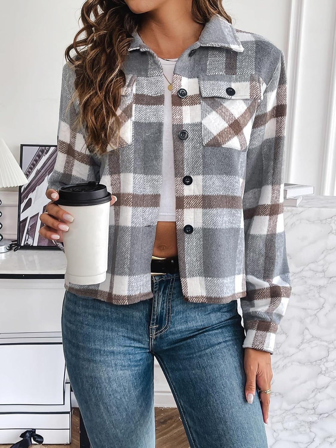 image:imageZeagoo Flannels for Women Cropped Shacket Jacket Fashion Plaid Fall CoatYdl10