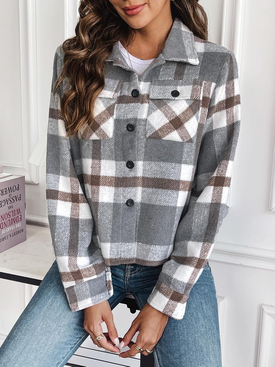 image:imageZeagoo Flannels for Women Cropped Shacket Jacket Fashion Plaid Fall CoatYdl10