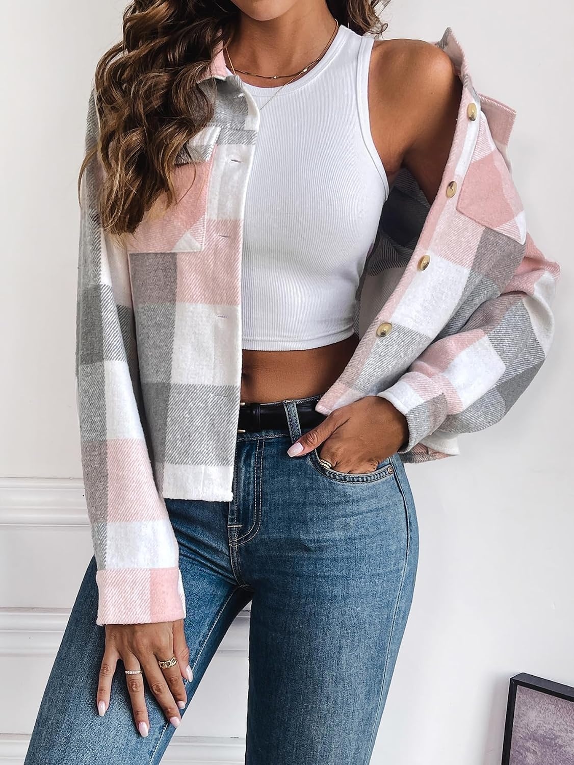 image:imageZeagoo Flannels for Women Cropped Shacket Jacket Fashion Plaid Fall CoatYdl11
