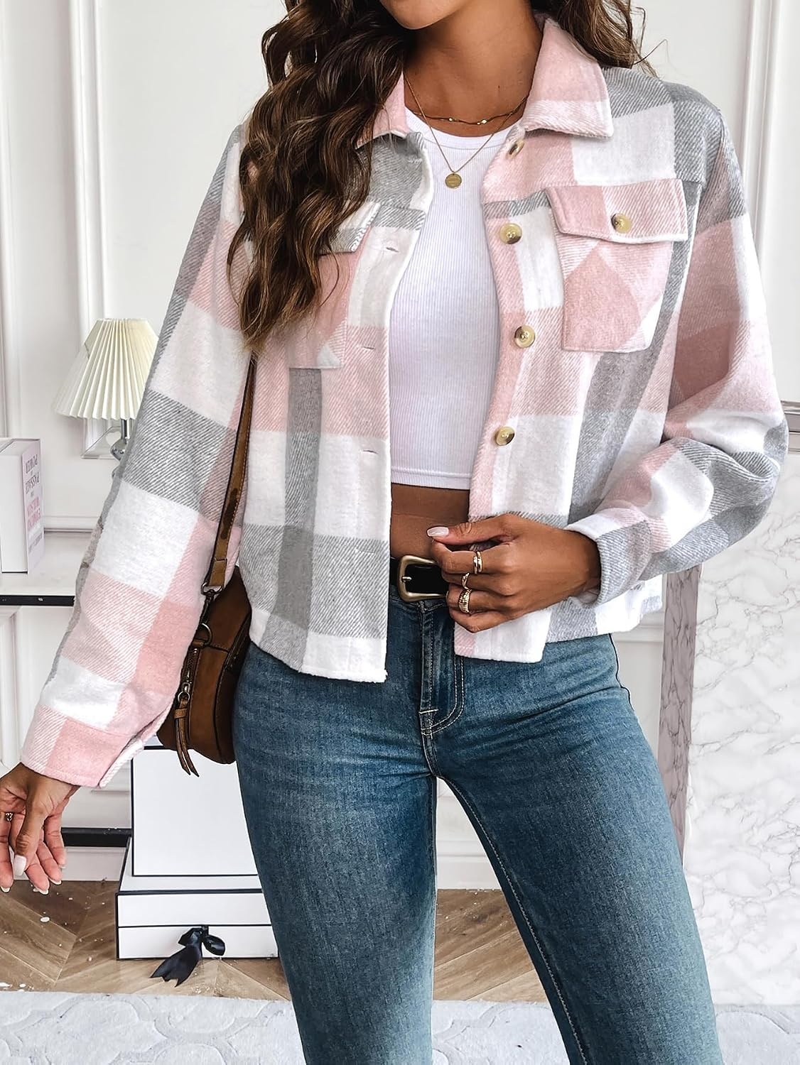 image:imageZeagoo Flannels for Women Cropped Shacket Jacket Fashion Plaid Fall CoatYdl11
