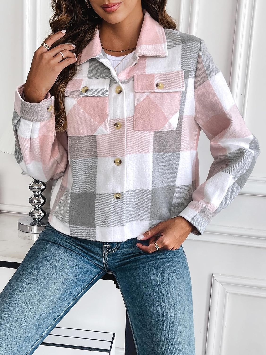 image:imageZeagoo Flannels for Women Cropped Shacket Jacket Fashion Plaid Fall CoatYdl11