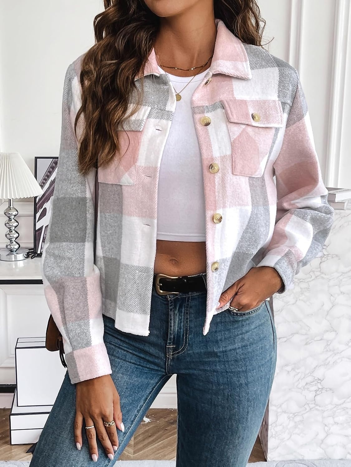 image:imageZeagoo Flannels for Women Cropped Shacket Jacket Fashion Plaid Fall CoatYdl11