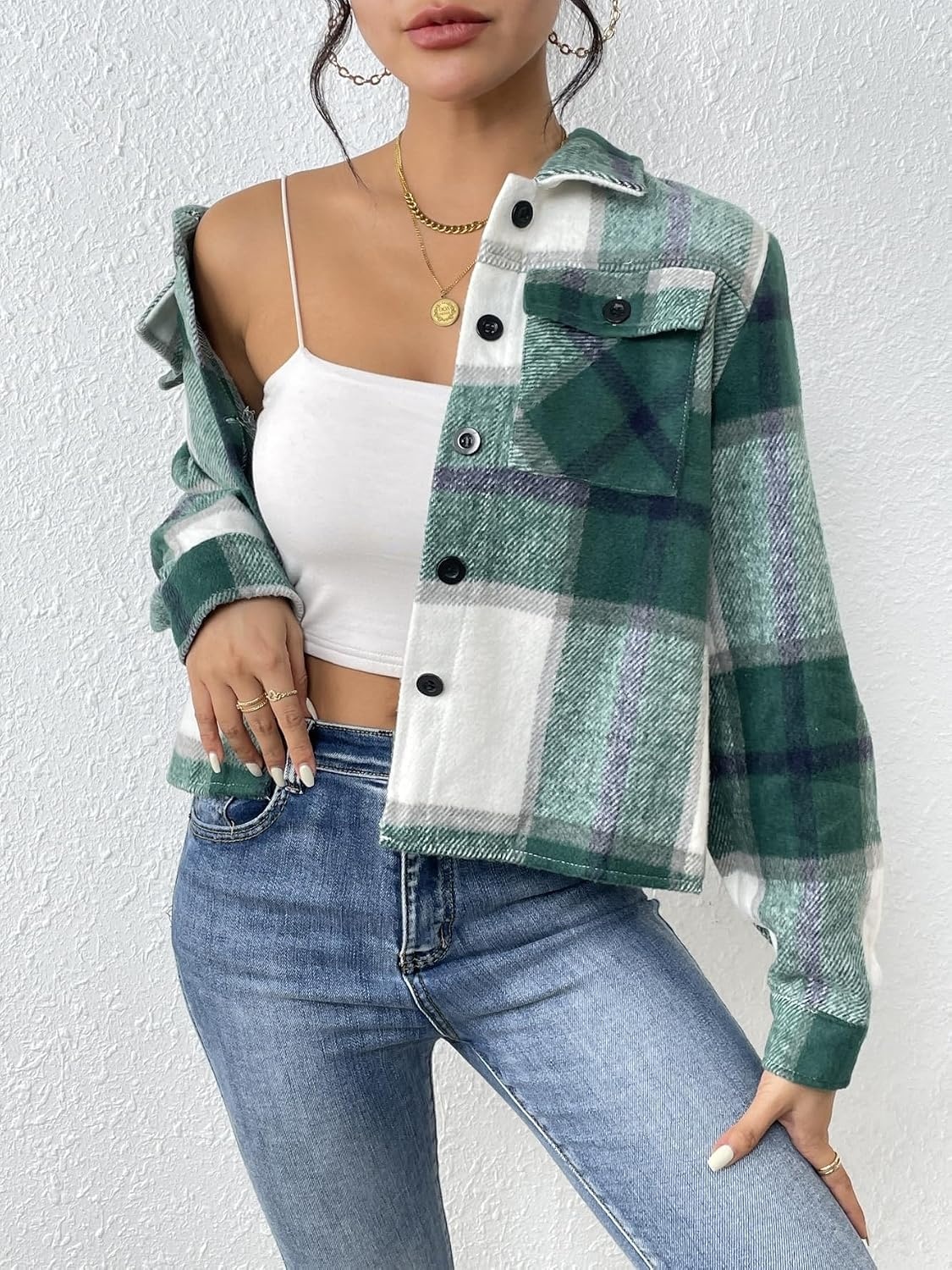 image:imageZeagoo Flannels for Women Cropped Shacket Jacket Fashion Plaid Fall CoatYdl2