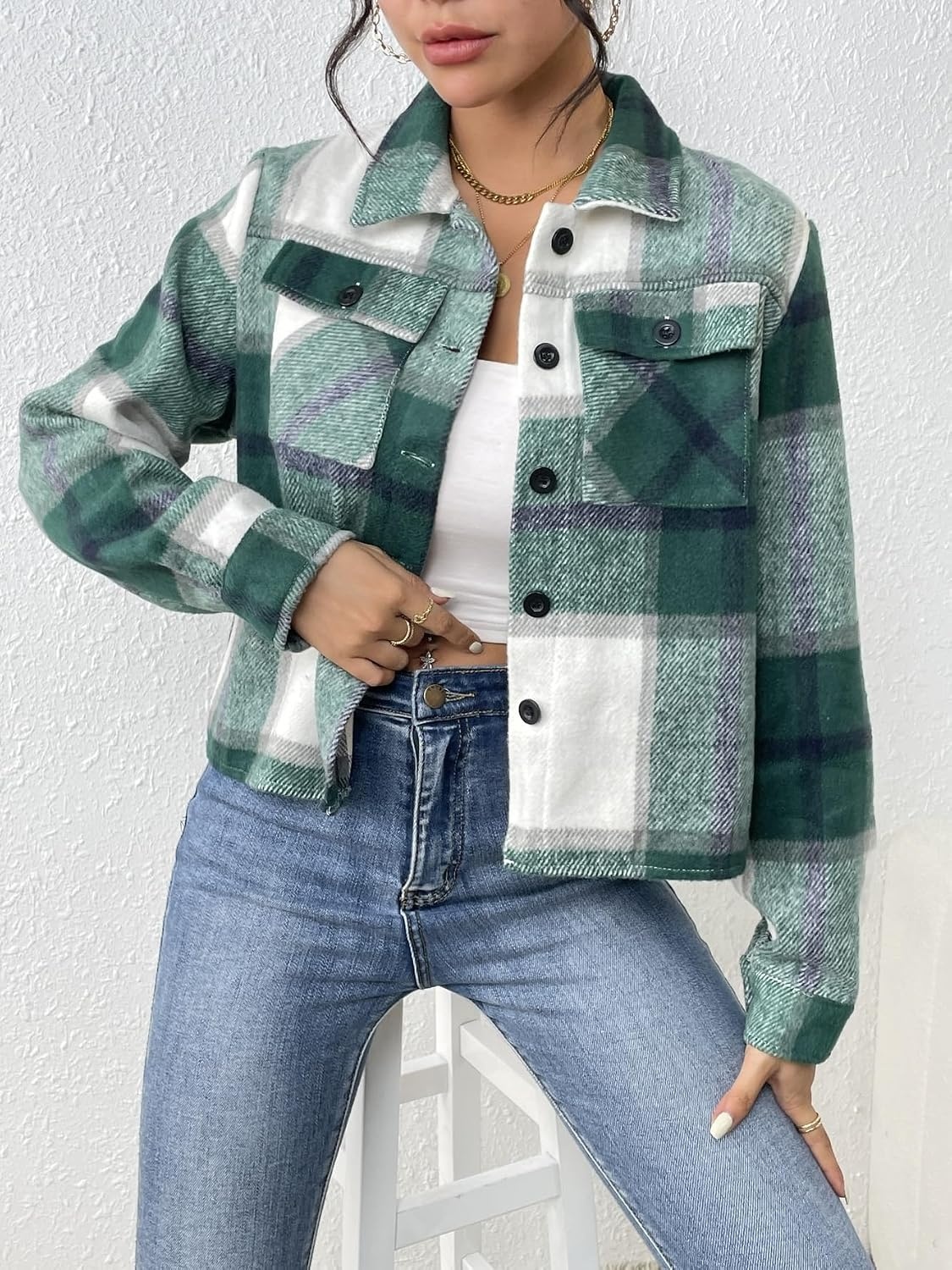 image:imageZeagoo Flannels for Women Cropped Shacket Jacket Fashion Plaid Fall CoatYdl2