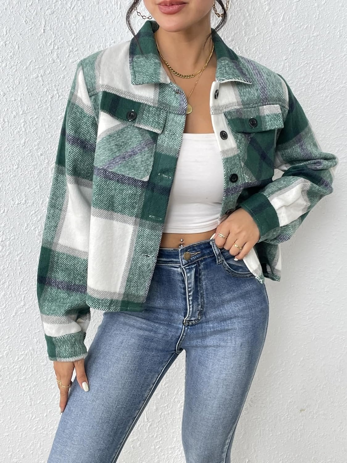 image:imageZeagoo Flannels for Women Cropped Shacket Jacket Fashion Plaid Fall CoatYdl2