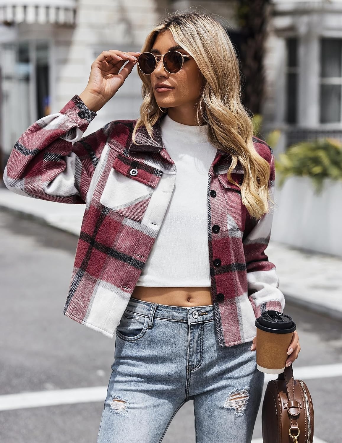 image:imageZeagoo Flannels for Women Cropped Shacket Jacket Fashion Plaid Fall CoatYdl3