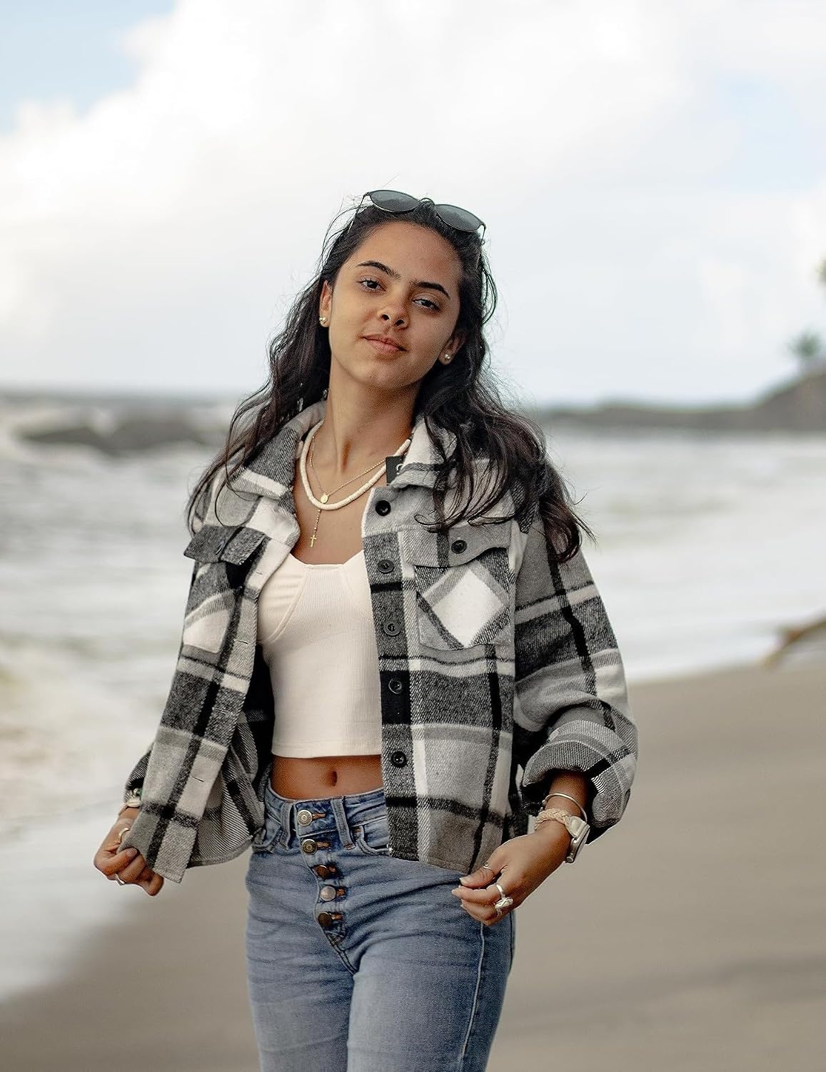 image:imageZeagoo Flannels for Women Cropped Shacket Jacket Fashion Plaid Fall CoatYdl4