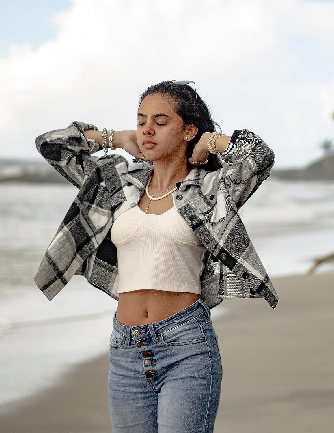 image:imageZeagoo Flannels for Women Cropped Shacket Jacket Fashion Plaid Fall CoatYdl4