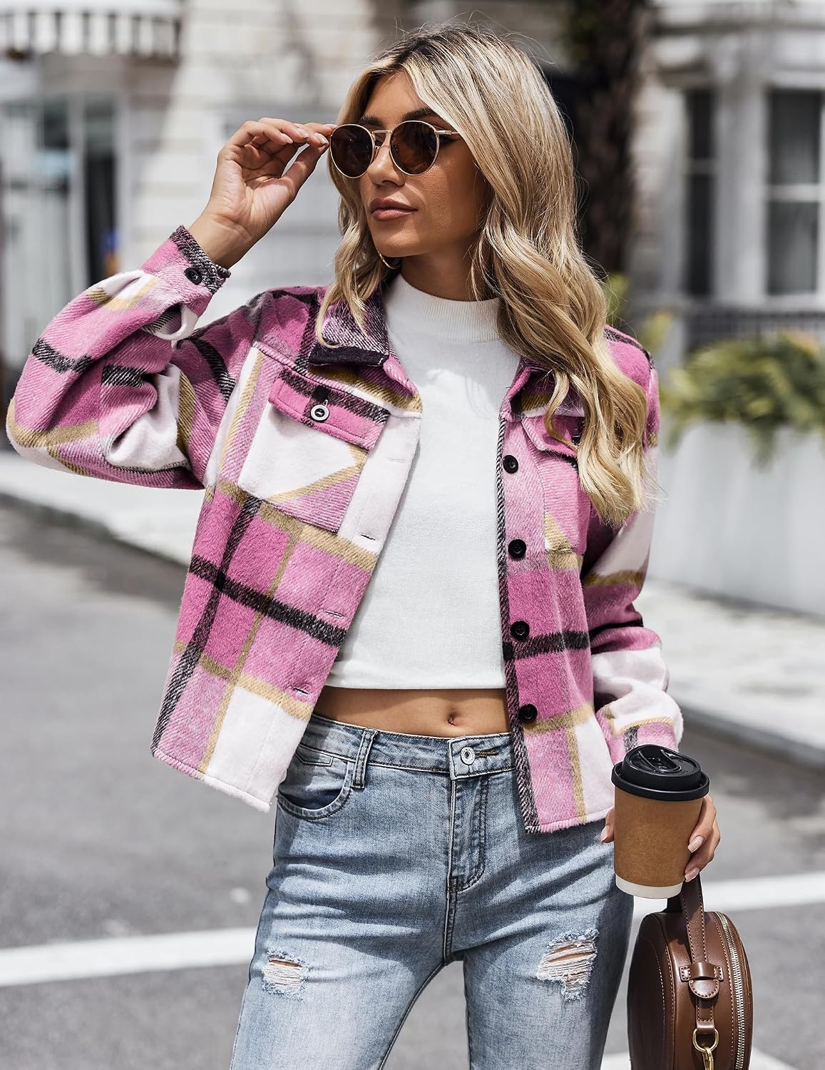 image:imageZeagoo Flannels for Women Cropped Shacket Jacket Fashion Plaid Fall CoatYdl5