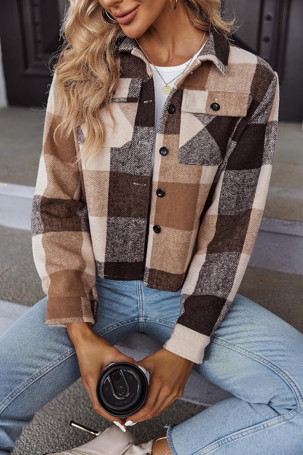 image:imageZeagoo Flannels for Women Cropped Shacket Jacket Fashion Plaid Fall CoatYdl7