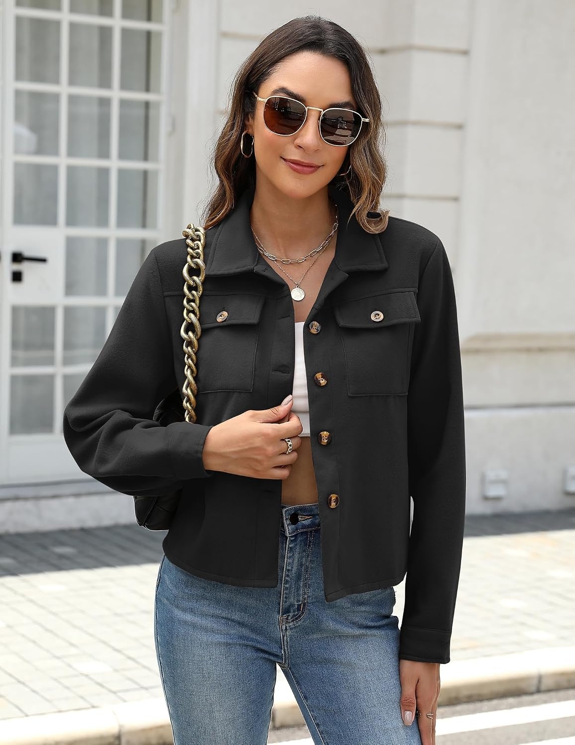 image:imageZeagoo Flannels for Women Cropped Shacket Jacket Fashion Plaid Fall CoatZblack