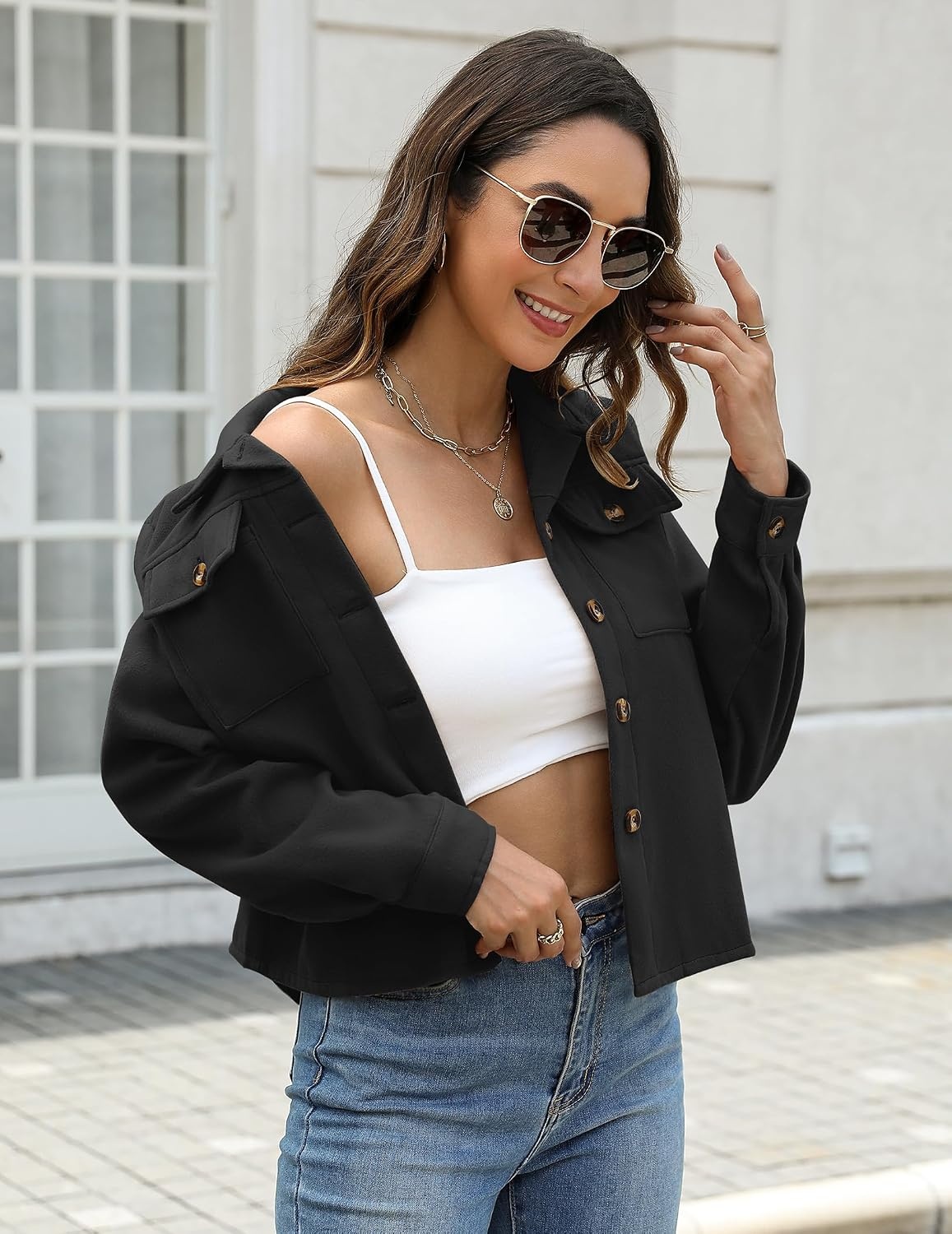 image:imageZeagoo Flannels for Women Cropped Shacket Jacket Fashion Plaid Fall CoatZblack