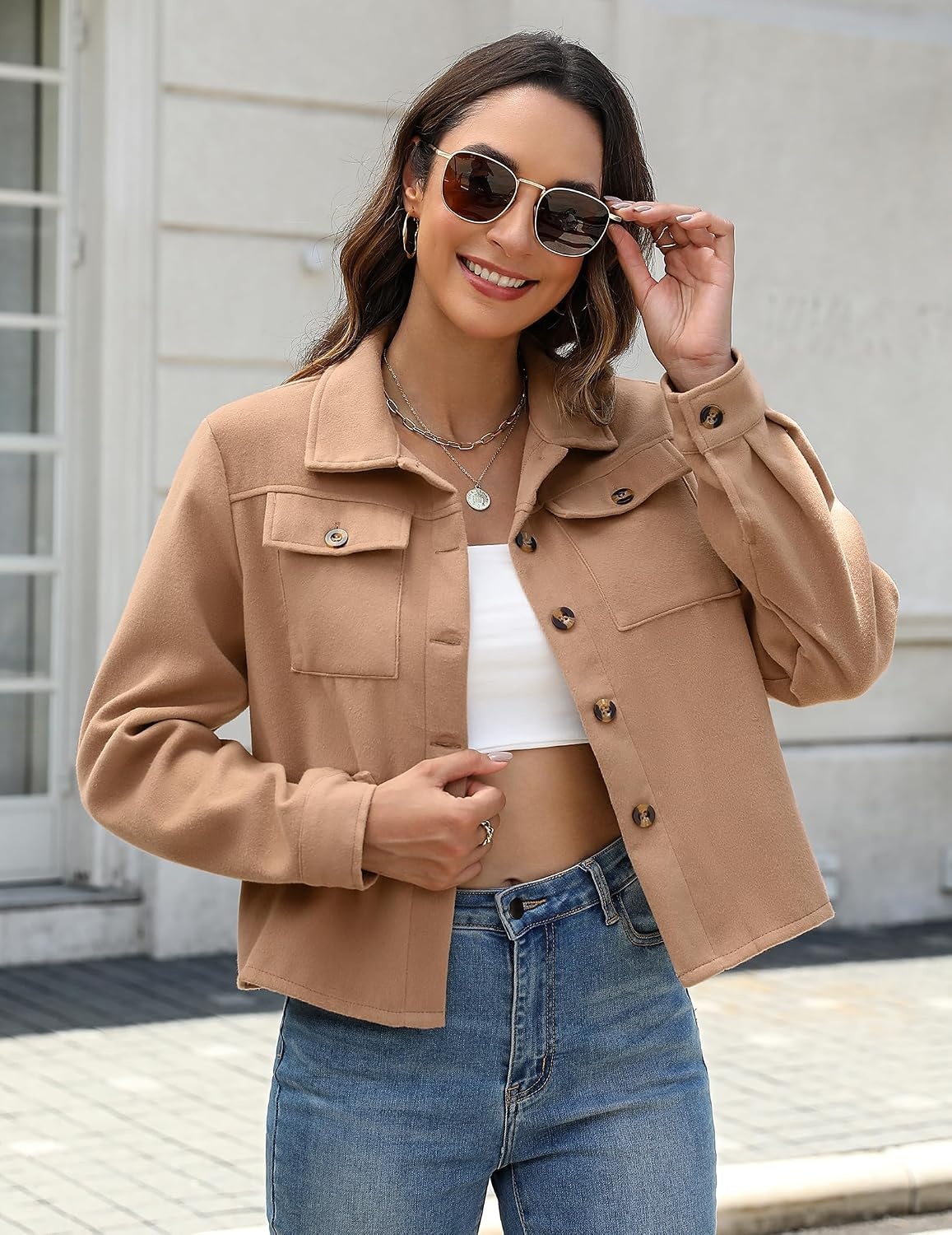 image:imageZeagoo Flannels for Women Cropped Shacket Jacket Fashion Plaid Fall CoatZcamel