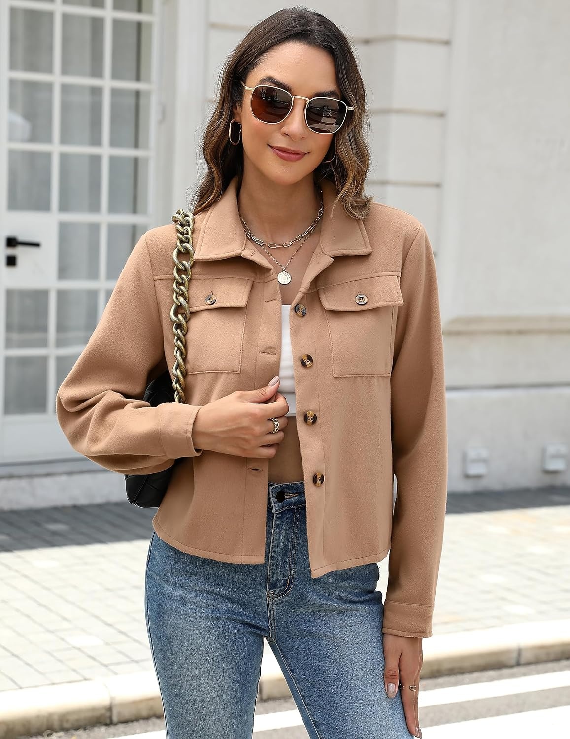 image:imageZeagoo Flannels for Women Cropped Shacket Jacket Fashion Plaid Fall CoatZcamel