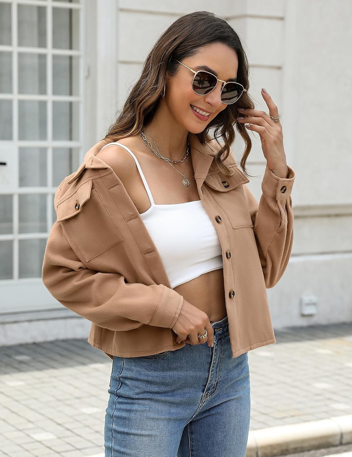 image:imageZeagoo Flannels for Women Cropped Shacket Jacket Fashion Plaid Fall CoatZcamel