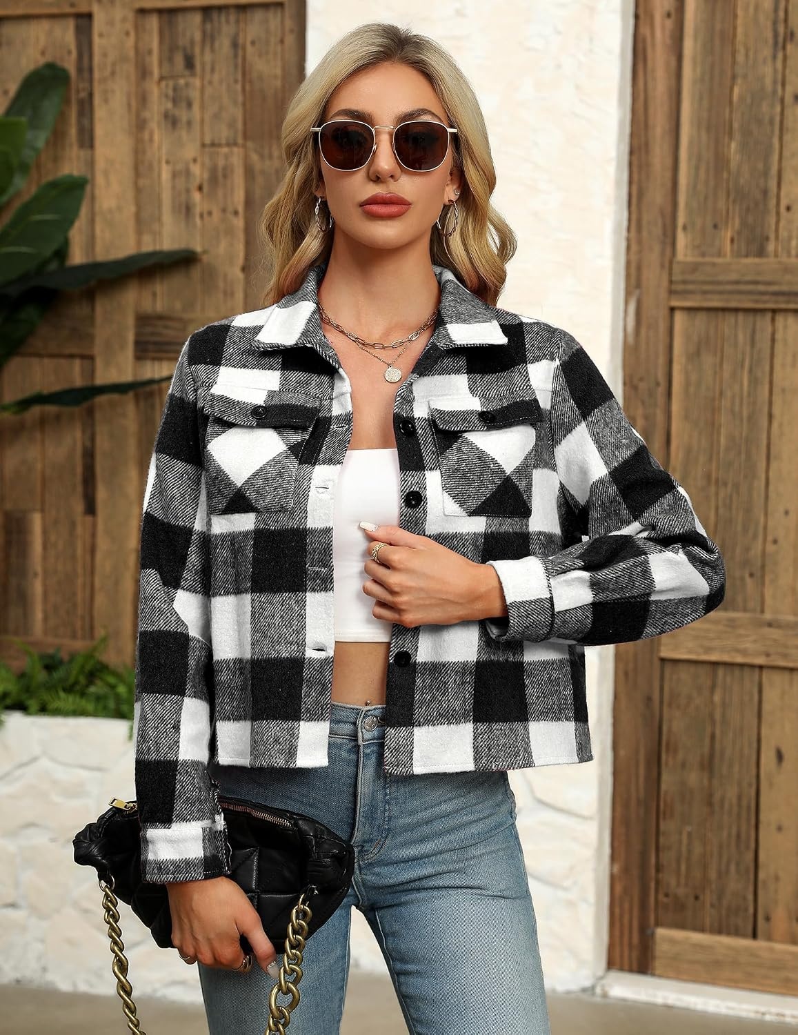 image:imageZeagoo Flannels for Women Cropped Shacket Jacket Fashion Plaid Fall CoatZgw178