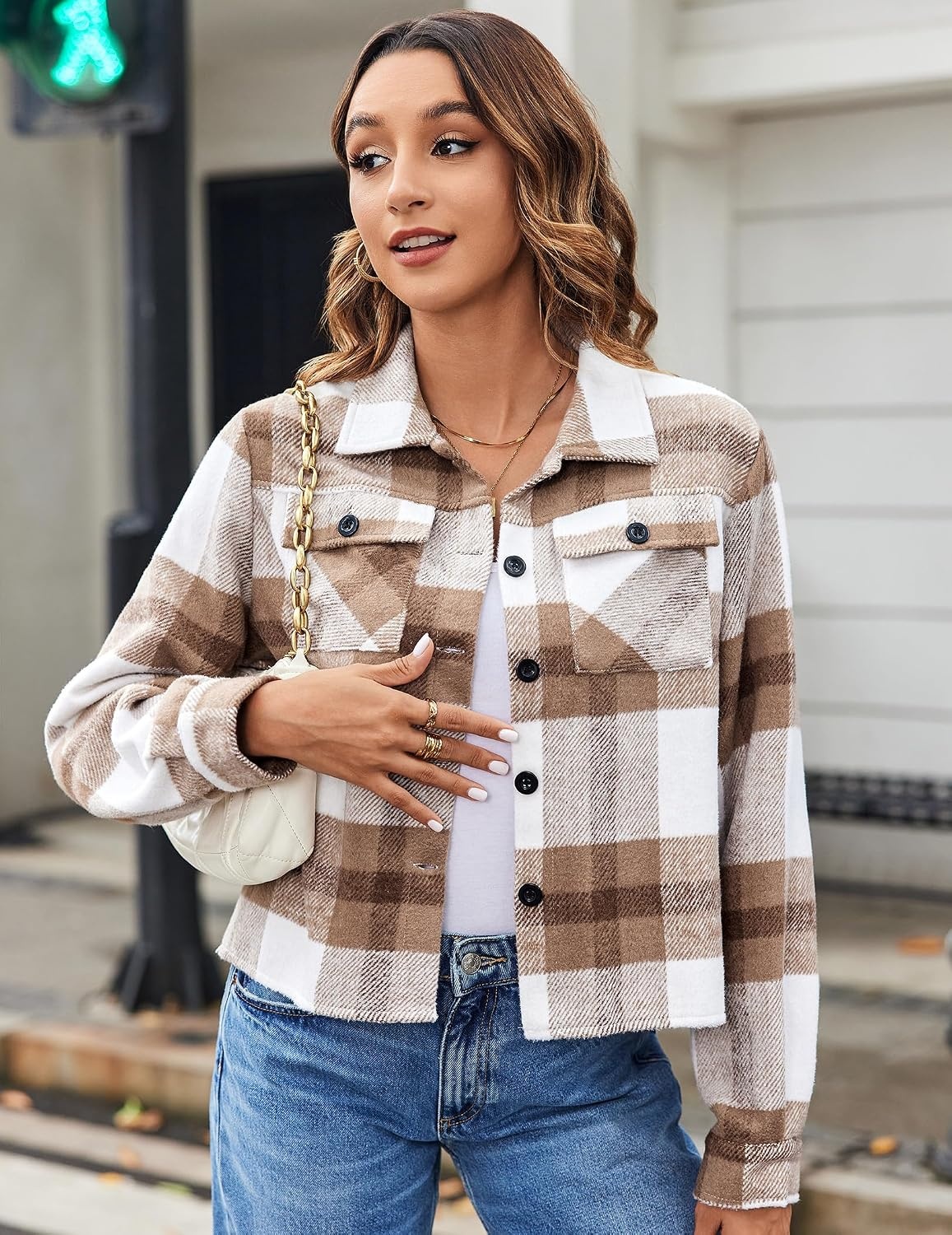 image:imageZeagoo Flannels for Women Cropped Shacket Jacket Fashion Plaid Fall CoatZgw20