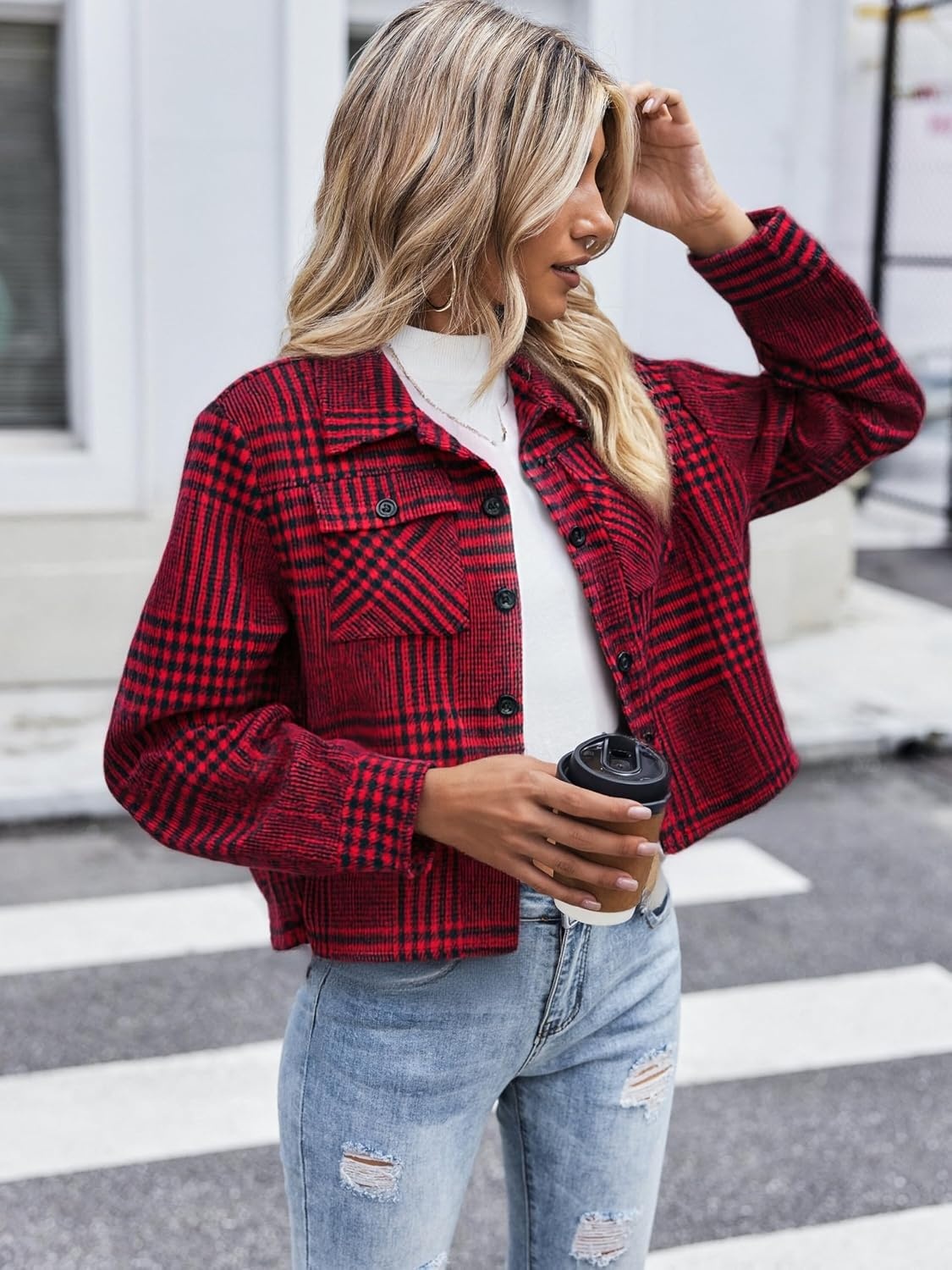 image:imageZeagoo Flannels for Women Cropped Shacket Jacket Fashion Plaid Fall CoatZgz383