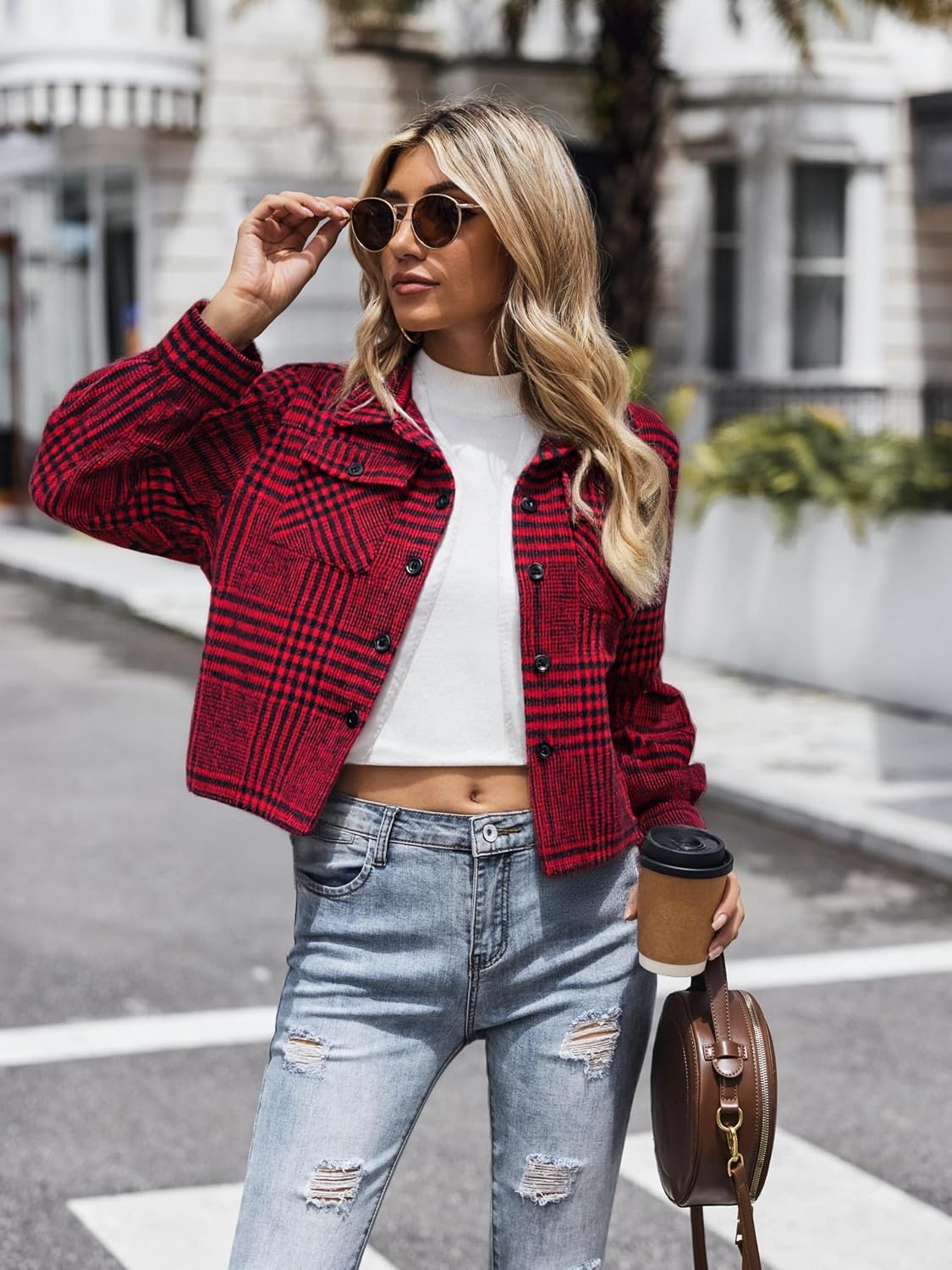 image:imageZeagoo Flannels for Women Cropped Shacket Jacket Fashion Plaid Fall CoatZgz383