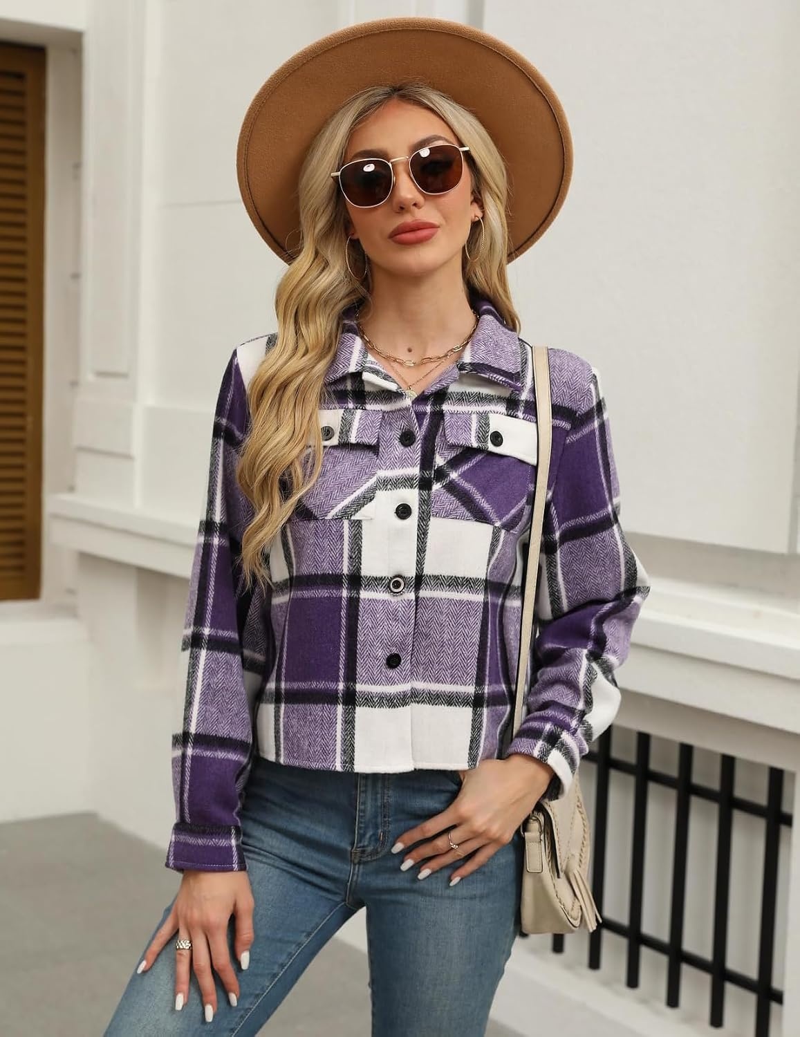image:imageZeagoo Flannels for Women Cropped Shacket Jacket Fashion Plaid Fall CoatZgz663
