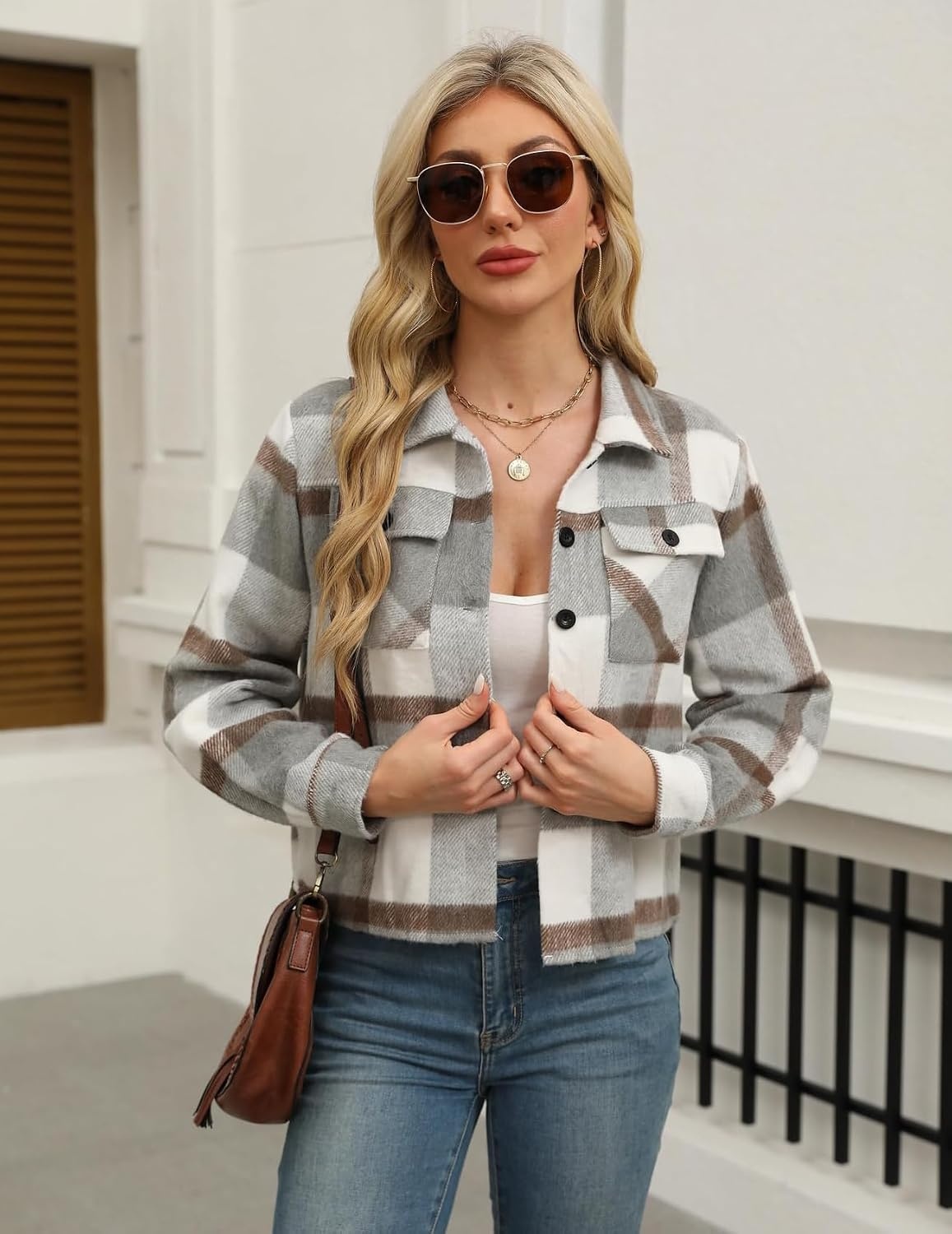 image:imageZeagoo Flannels for Women Cropped Shacket Jacket Fashion Plaid Fall CoatZgz801