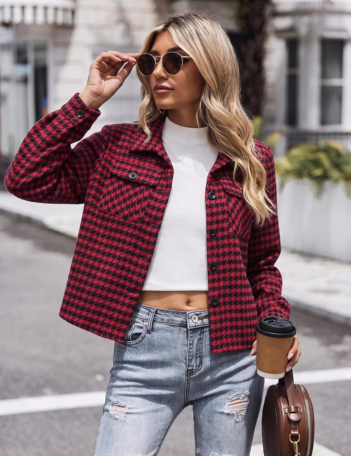 image:imageZeagoo Flannels for Women Cropped Shacket Jacket Fashion Plaid Fall CoatZjh743