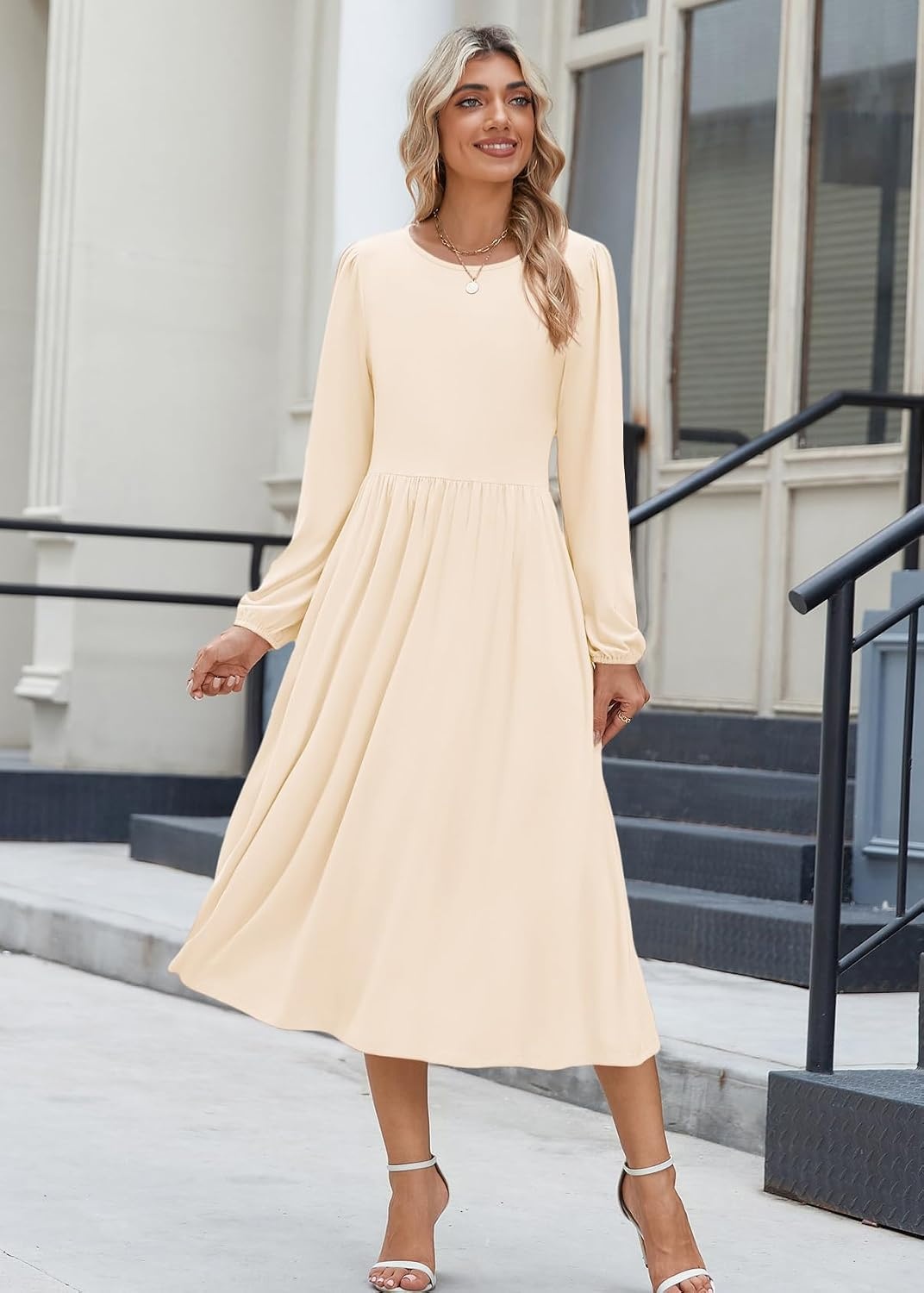 image:imageZeagoo Long Sleeve Dresses for Women 2026 Fall Winter Casual Flowy ALine Boho Midi Party Long Dress with PocketsBeige