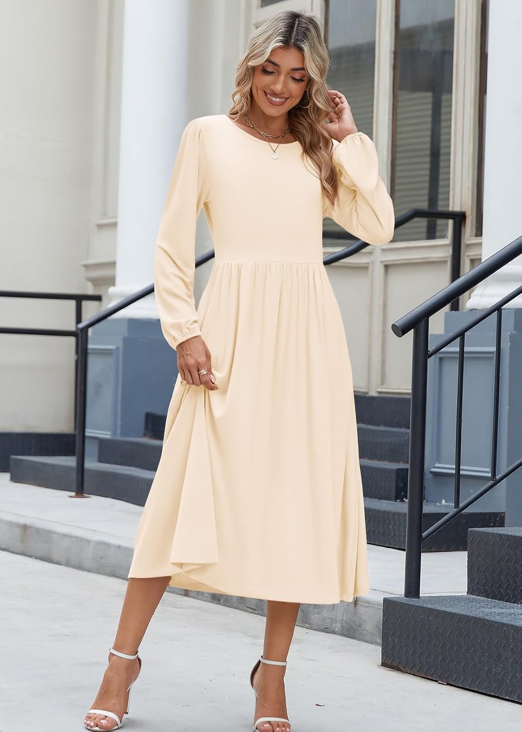 image:imageZeagoo Long Sleeve Dresses for Women 2026 Fall Winter Casual Flowy ALine Boho Midi Party Long Dress with PocketsBeige