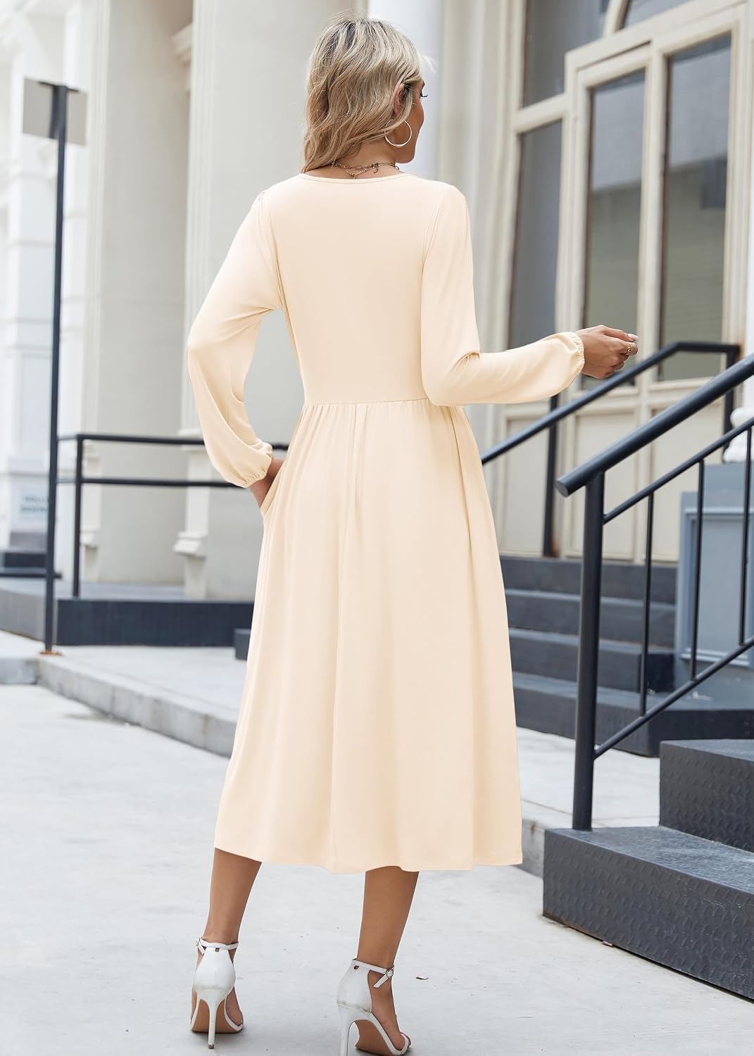 image:imageZeagoo Long Sleeve Dresses for Women 2026 Fall Winter Casual Flowy ALine Boho Midi Party Long Dress with PocketsBeige
