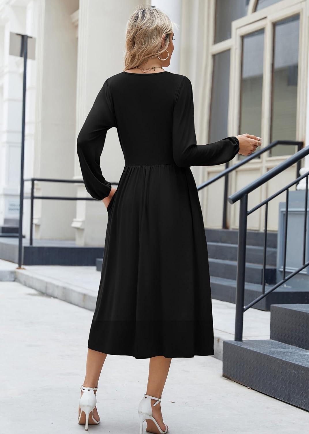 image:imageZeagoo Long Sleeve Dresses for Women 2026 Fall Winter Casual Flowy ALine Boho Midi Party Long Dress with PocketsBlack