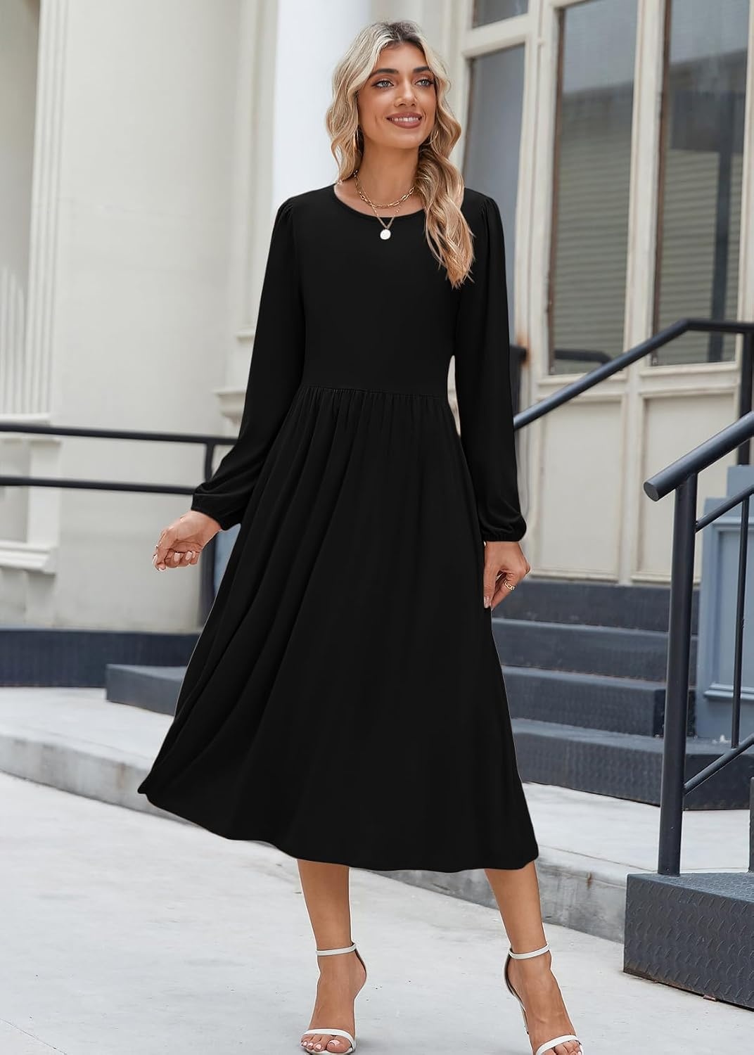 image:imageZeagoo Long Sleeve Dresses for Women 2026 Fall Winter Casual Flowy ALine Boho Midi Party Long Dress with PocketsBlack