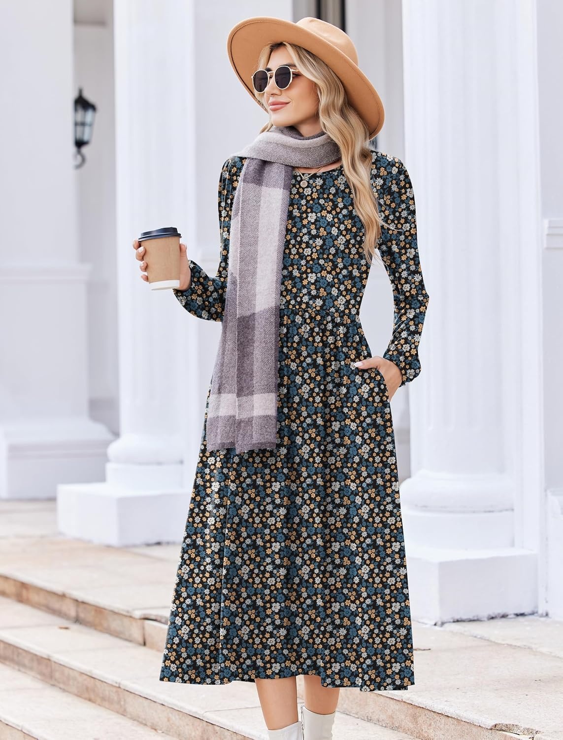 image:imageZeagoo Long Sleeve Dresses for Women 2026 Fall Winter Casual Flowy ALine Boho Midi Party Long Dress with PocketsBlue Black Small Floral
