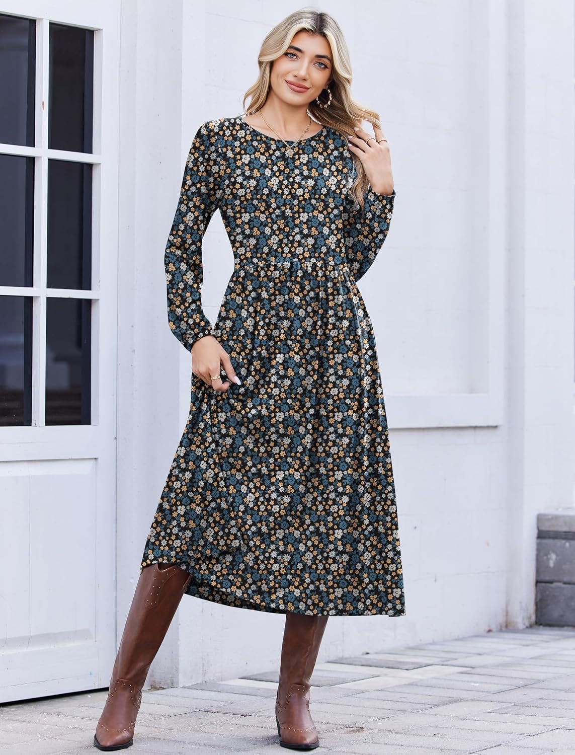 image:imageZeagoo Long Sleeve Dresses for Women 2026 Fall Winter Casual Flowy ALine Boho Midi Party Long Dress with PocketsBlue Black Small Floral