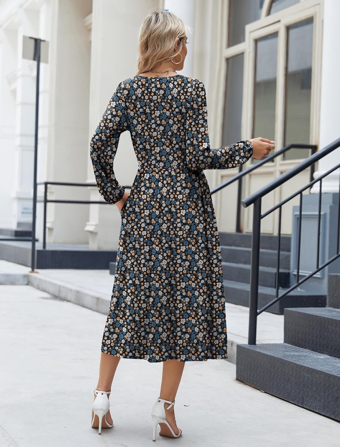 image:imageZeagoo Long Sleeve Dresses for Women 2026 Fall Winter Casual Flowy ALine Boho Midi Party Long Dress with PocketsBlue Black Small Floral