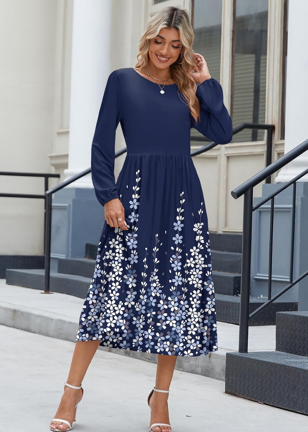 image:imageZeagoo Long Sleeve Dresses for Women 2026 Fall Winter Casual Flowy ALine Boho Midi Party Long Dress with PocketsBlue Floral