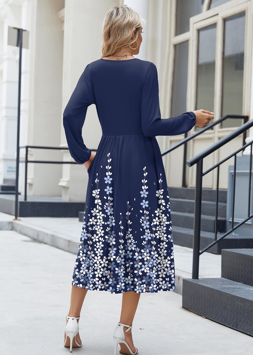 image:imageZeagoo Long Sleeve Dresses for Women 2026 Fall Winter Casual Flowy ALine Boho Midi Party Long Dress with PocketsBlue Floral