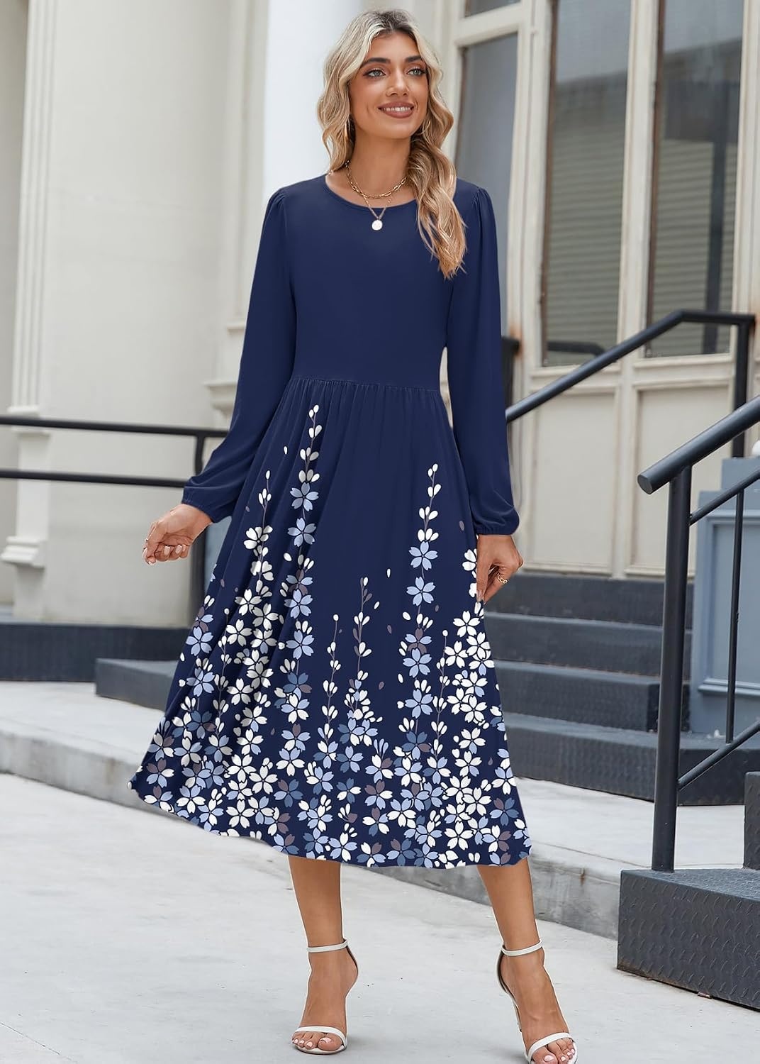 image:imageZeagoo Long Sleeve Dresses for Women 2026 Fall Winter Casual Flowy ALine Boho Midi Party Long Dress with PocketsBlue Floral