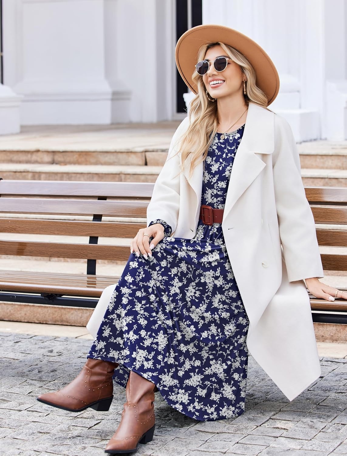 image:imageZeagoo Long Sleeve Dresses for Women 2026 Fall Winter Casual Flowy ALine Boho Midi Party Long Dress with PocketsBlue Sprigs
