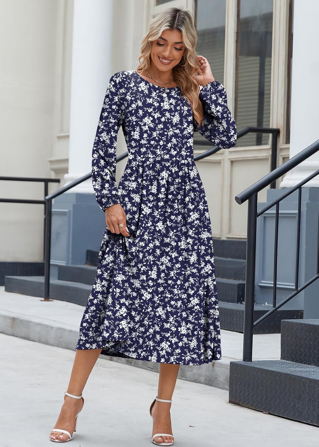image:imageZeagoo Long Sleeve Dresses for Women 2026 Fall Winter Casual Flowy ALine Boho Midi Party Long Dress with PocketsBlue Sprigs