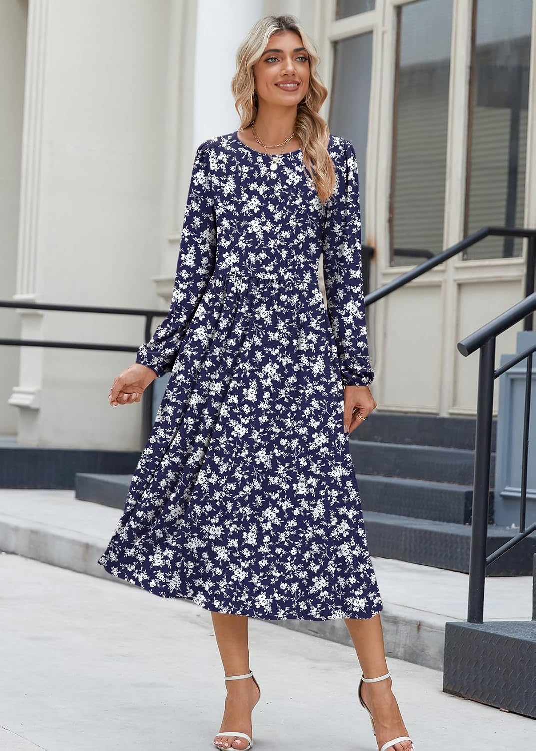 image:imageZeagoo Long Sleeve Dresses for Women 2026 Fall Winter Casual Flowy ALine Boho Midi Party Long Dress with PocketsBlue Sprigs