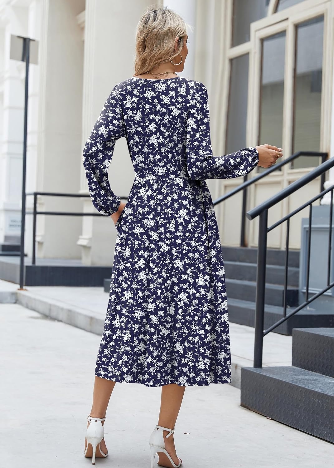 image:imageZeagoo Long Sleeve Dresses for Women 2026 Fall Winter Casual Flowy ALine Boho Midi Party Long Dress with PocketsBlue Sprigs