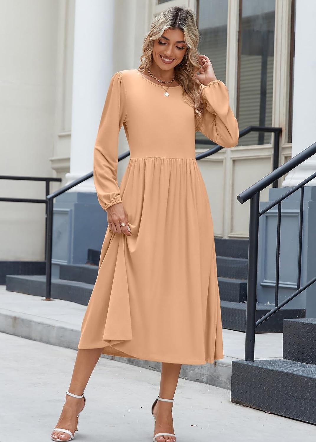 image:imageZeagoo Long Sleeve Dresses for Women 2026 Fall Winter Casual Flowy ALine Boho Midi Party Long Dress with PocketsCamel