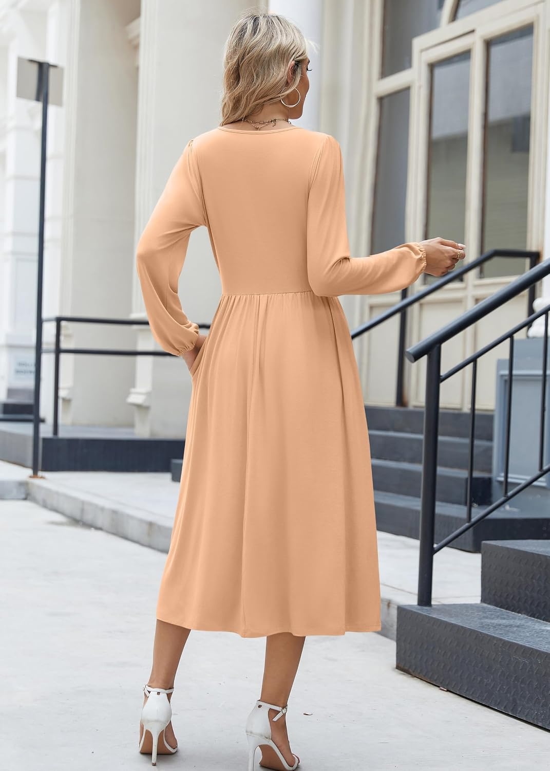 image:imageZeagoo Long Sleeve Dresses for Women 2026 Fall Winter Casual Flowy ALine Boho Midi Party Long Dress with PocketsCamel