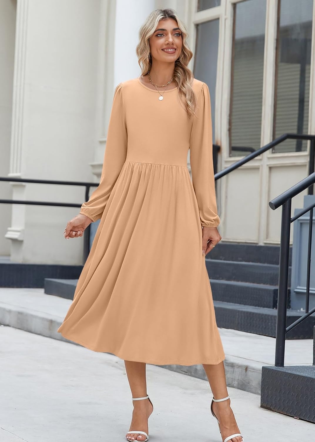 image:imageZeagoo Long Sleeve Dresses for Women 2026 Fall Winter Casual Flowy ALine Boho Midi Party Long Dress with PocketsCamel
