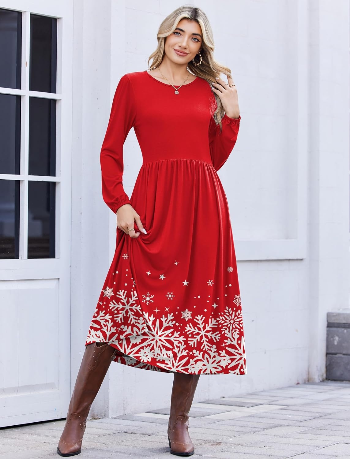 image:imageZeagoo Long Sleeve Dresses for Women 2026 Fall Winter Casual Flowy ALine Boho Midi Party Long Dress with PocketsChristmas Snow
